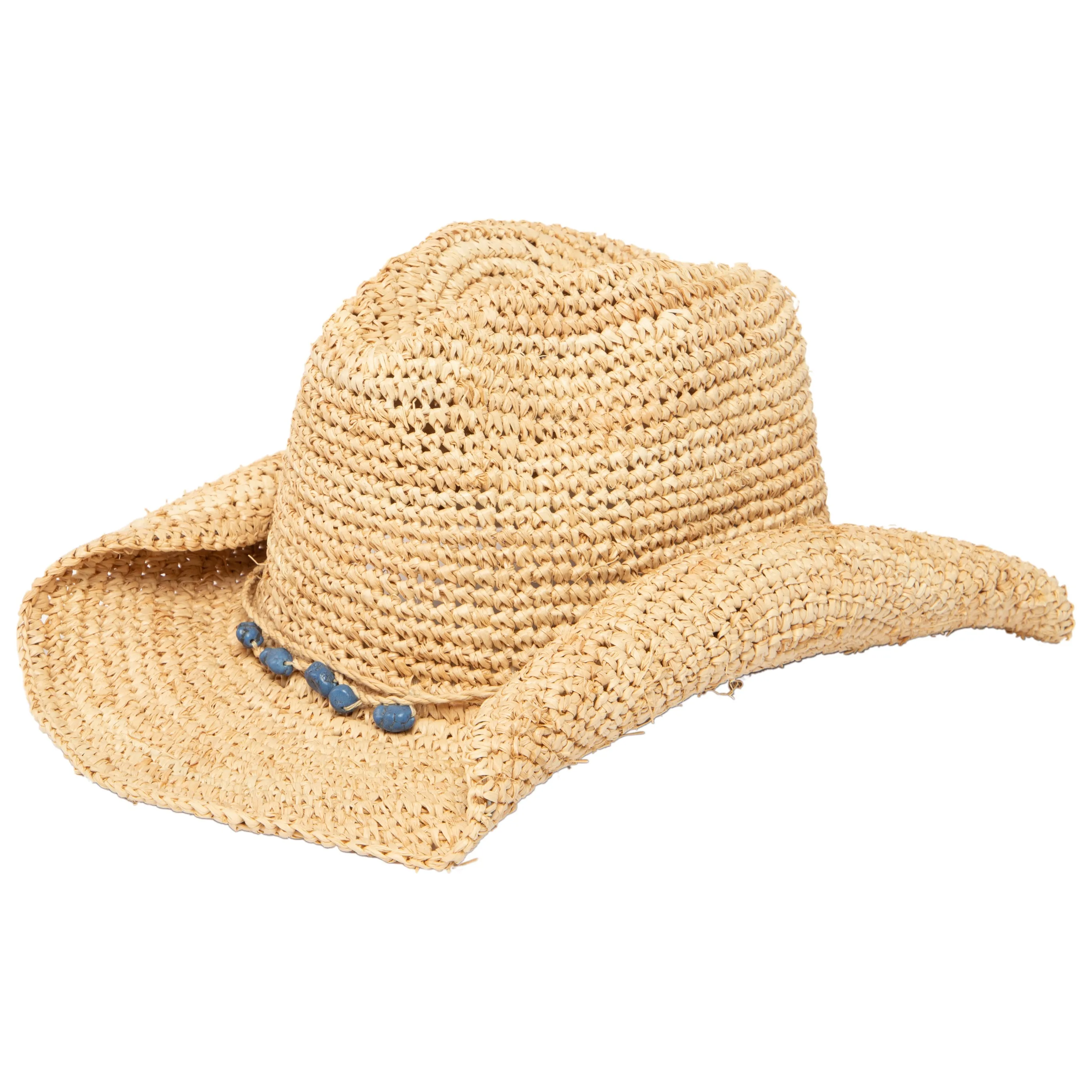 Women's Crocheted Raffia Cowboy Hat with Stone Trim