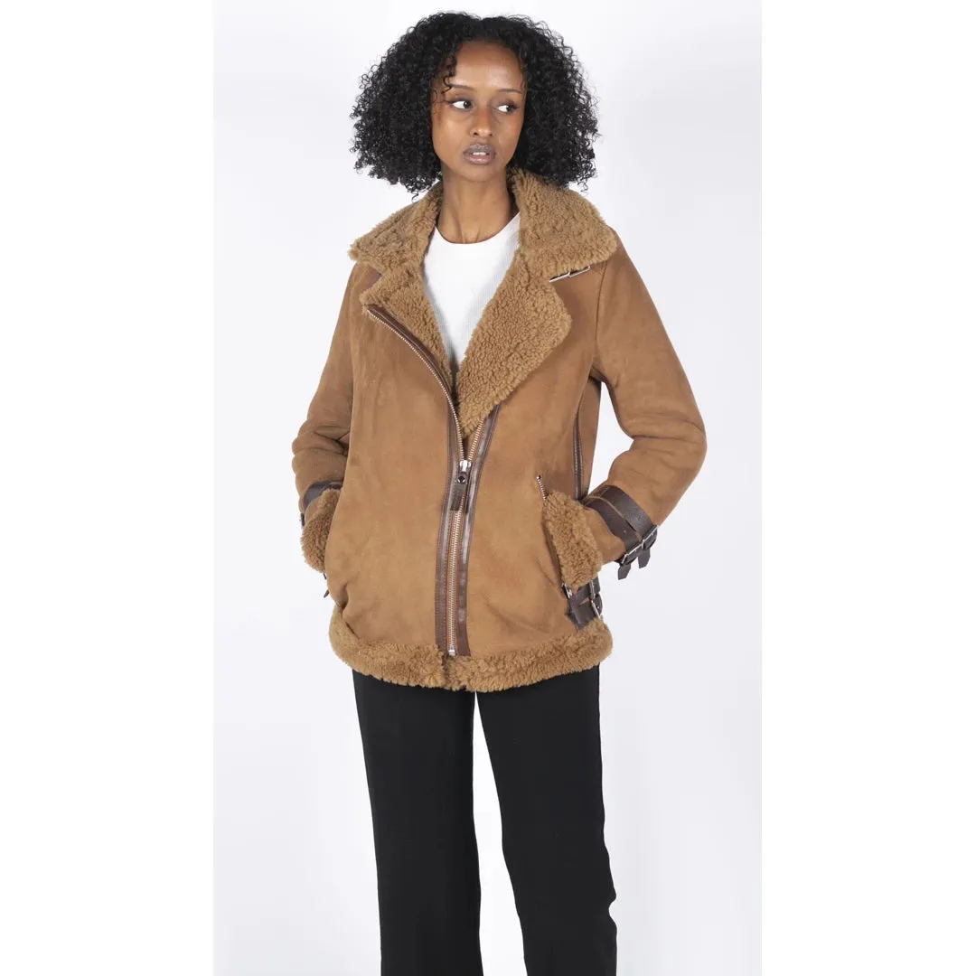 Women's Sheepskin Leather Cross Zip Flying Aviator Jacket Camel Brown Fur