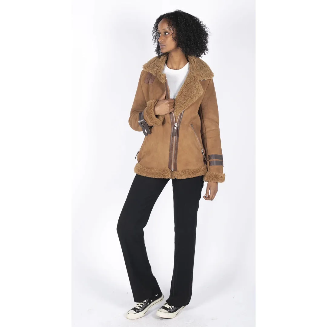 Women's Sheepskin Leather Cross Zip Flying Aviator Jacket Camel Brown Fur