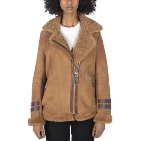 Women's Sheepskin Leather Cross Zip Flying Aviator Jacket Camel Brown Fur