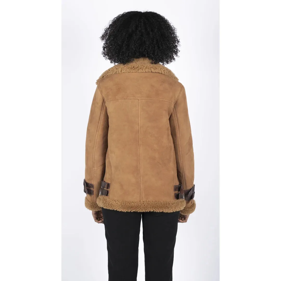 Women's Sheepskin Leather Cross Zip Flying Aviator Jacket Camel Brown Fur